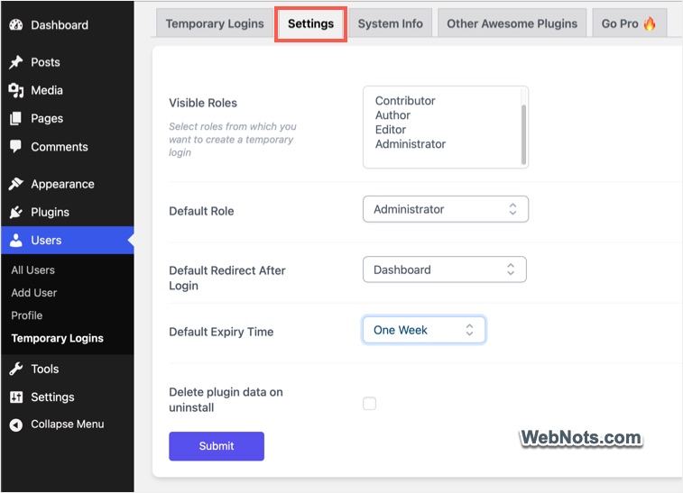 Default Settings for Admin Account