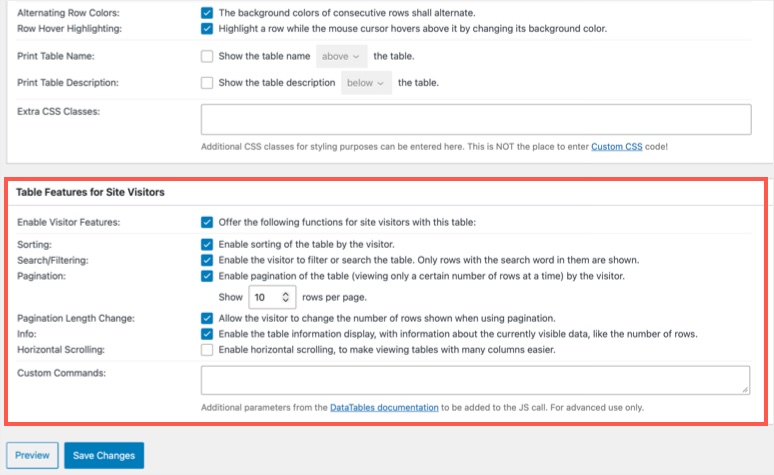Enable Data Table Features