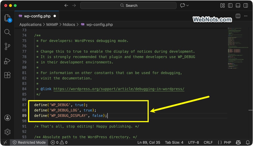 Enable Debug in WP Config File