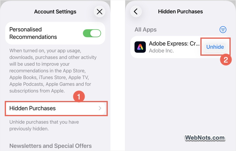 Unhide App from Hidden Purchase