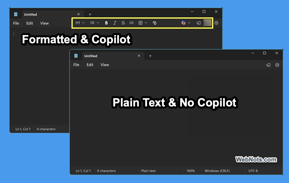 Disable Formatting and Copilot in Notepad Windows 11