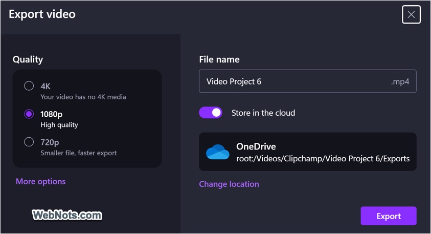 Select Quality and Location to Export