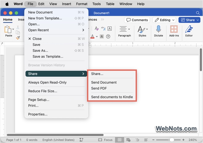 Sharing Options on Word for Mac