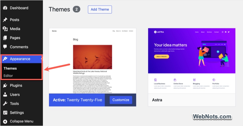 Block Theme Appearance Menu
