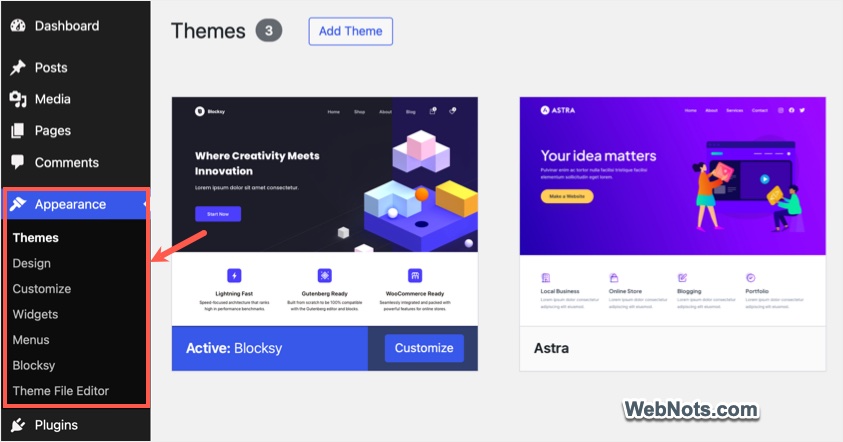 Blocksy Appearance Menu