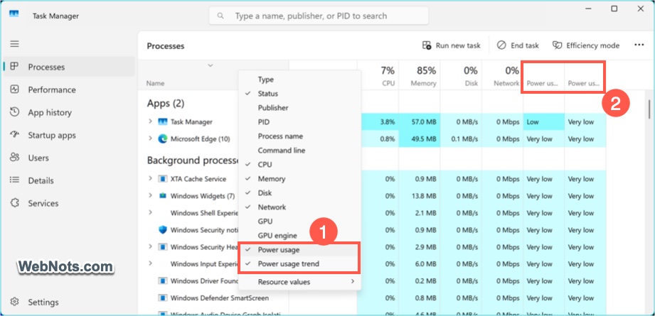 Check Power Usage and Trends in Task Manager