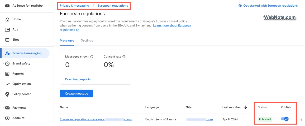 Check Privacy Message Status in AdSense