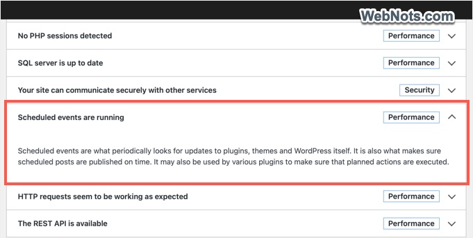 Check Scheduled Events in Site Health