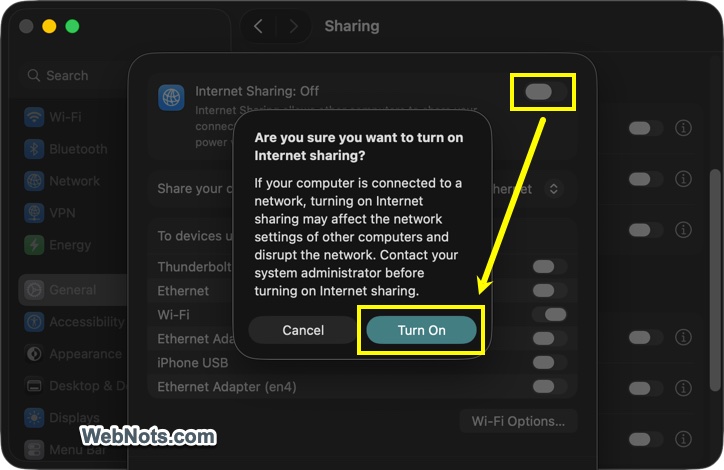 Confirm Turning On Internet Sharing