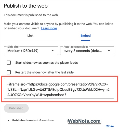 Copy Google Slides Embed Code