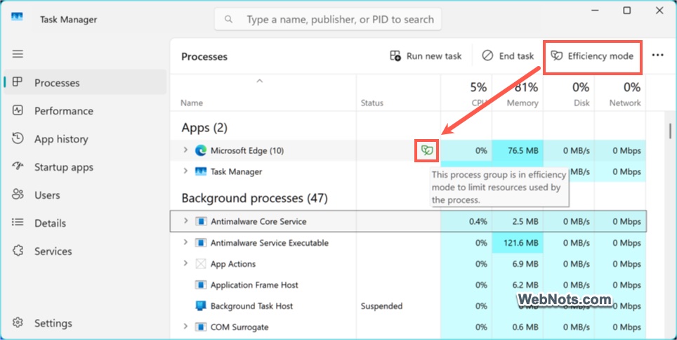 Enable Efficiency Mode for Processes