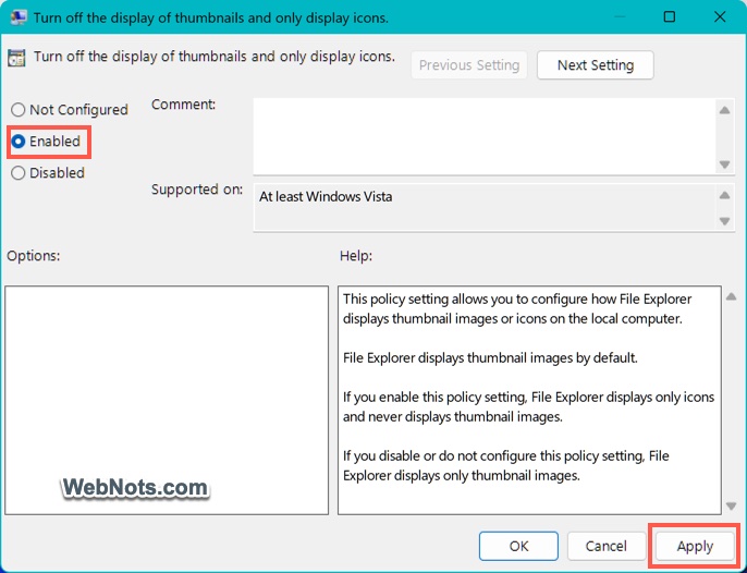 Enable Turn Off Thumbnails Policy