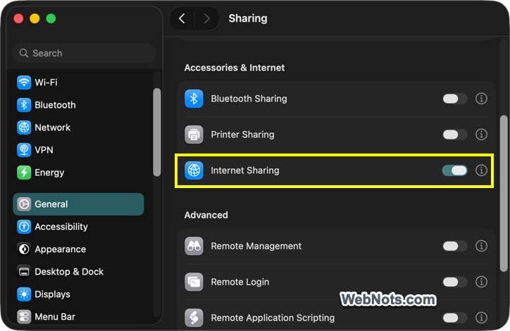 Internet Sharing Turned On