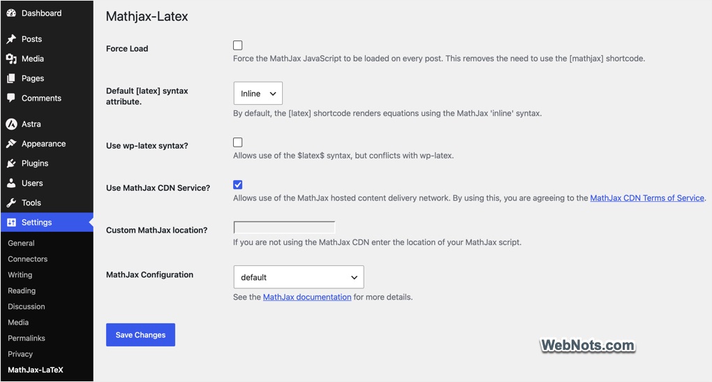 Mathjax Plugin Settings