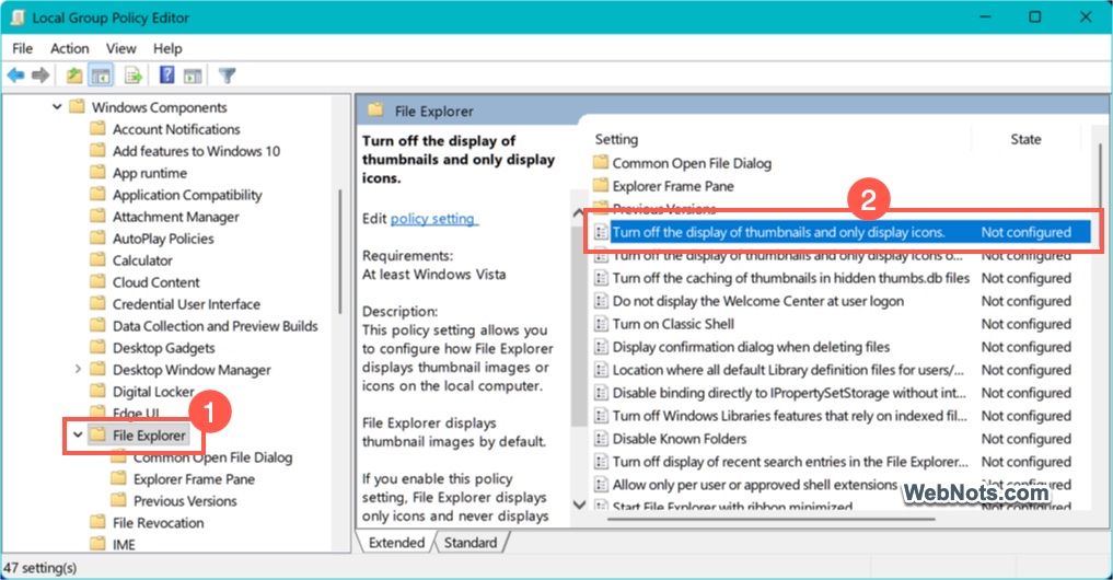 Open Disable Thumbnails Policy