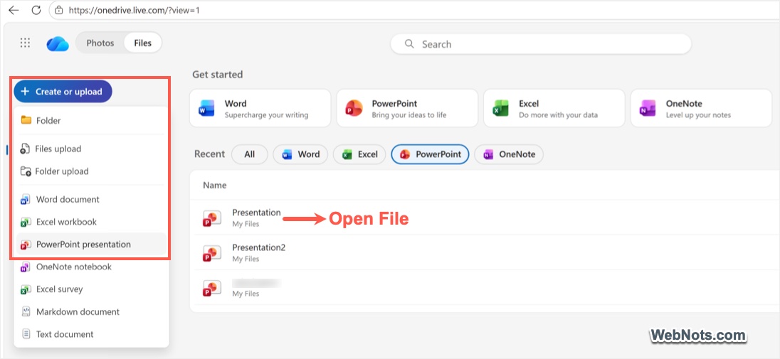 Open Presentation in OneDrive