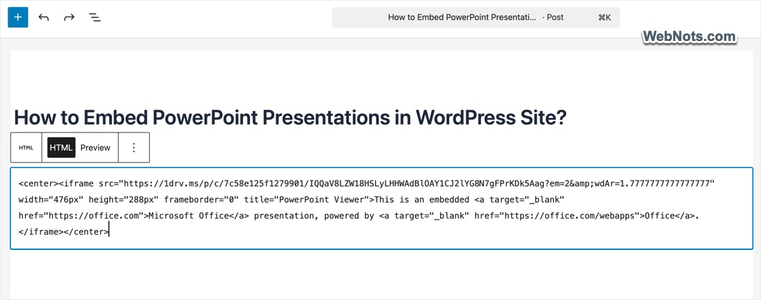 Paste Embed Code in Custom HTML Block