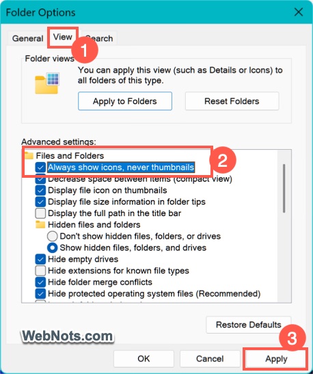 Show Icons Instead of Thumbnails in Folder Options