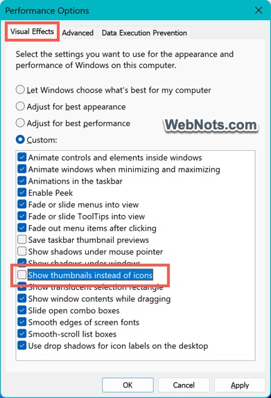 Turn Off Thumbnail Visual Effects