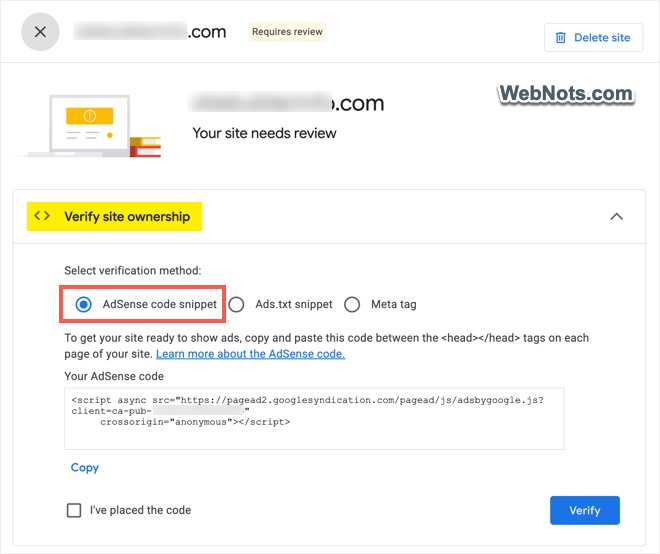 Verify with AdSense Code Snippet