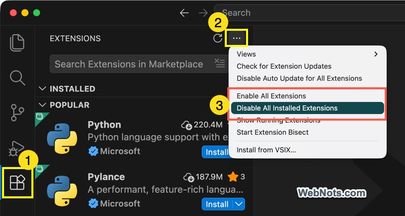Disable All Extensions in VS Code