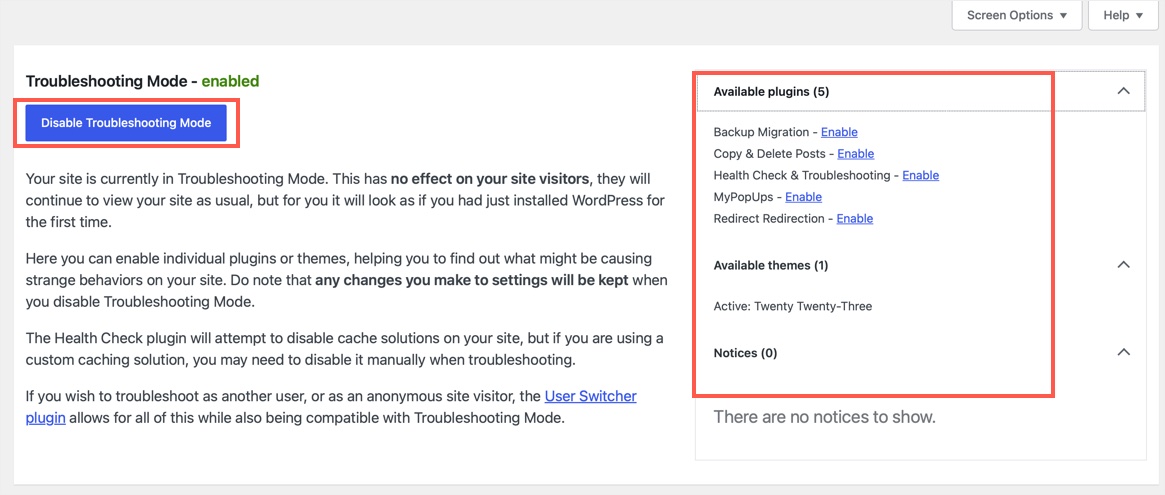 Disable Troubleshooting Mode