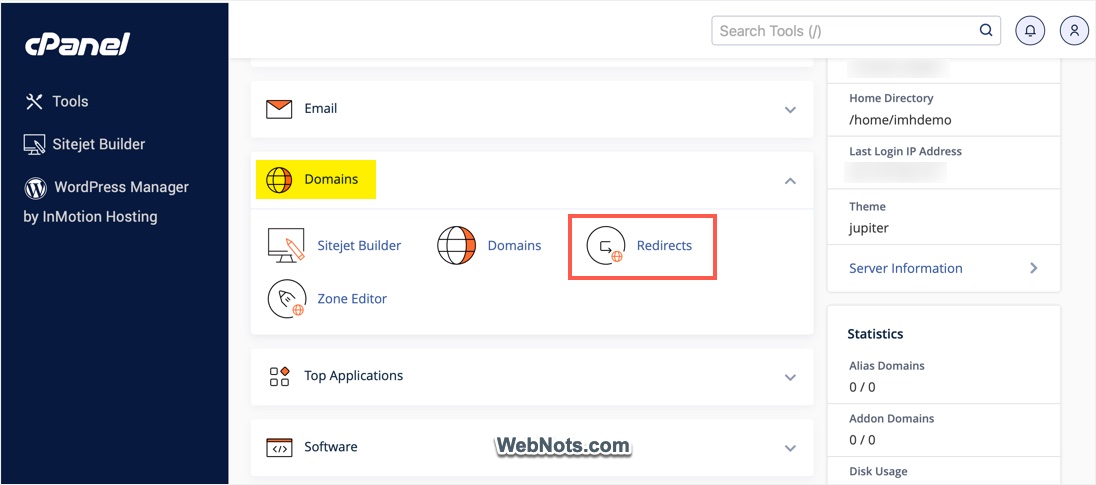 Domains Redirects Tool in cPanel