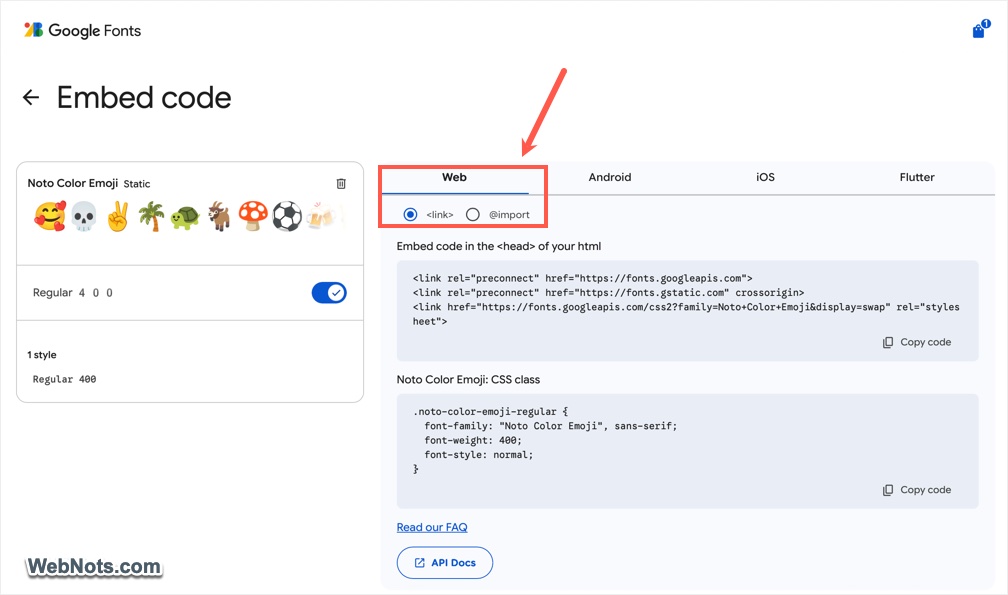 Get Link and Import Code for Font
