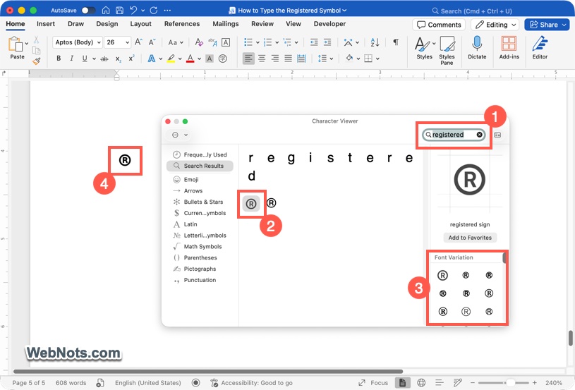 Insert Registered Sign with Character Viewer