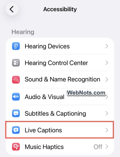 Live Captions iPhone Settings
