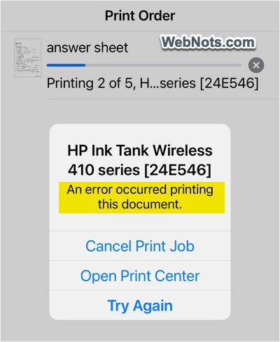 Printing Job Error in iPhone