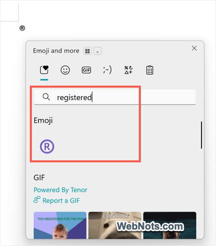 Registered Symbol in Windows Emoji Panel