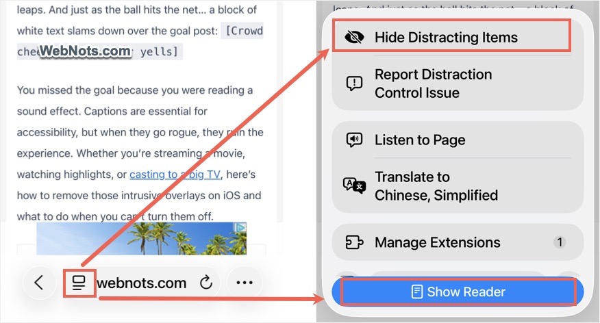 Safari Hide Distractions or Reader View