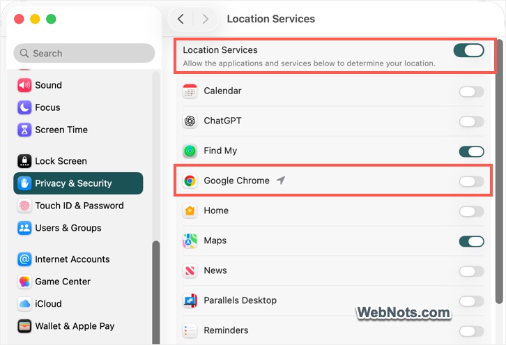 Turn on Chrome Location Service on Mac