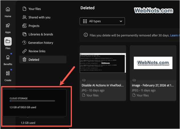 Used Storage Space in Adobe