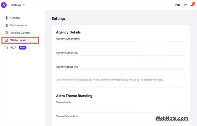 Astra Pro White Label Settings
