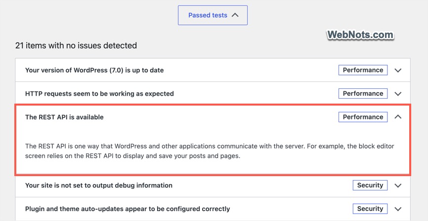 Check REST API Status in Site Health