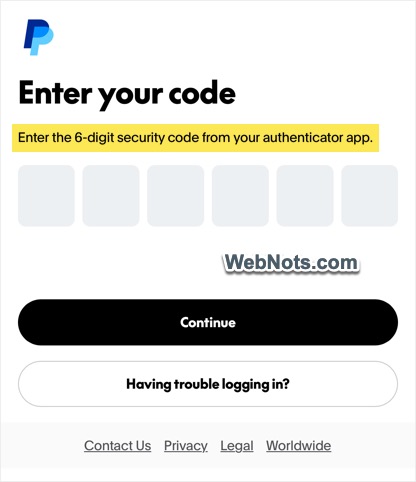 Enter Authenticator Code for PayPal Login