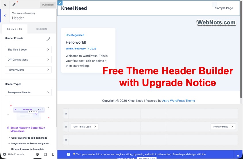 Free Header Builder with Upgrade Notice