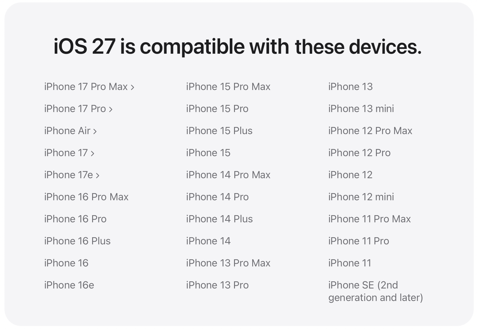 iOS 27 Compatible iPhone Models