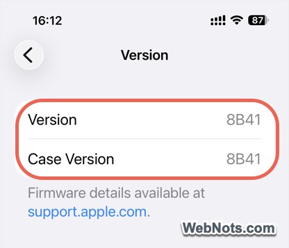 AirPods Firmware Version on iPhone