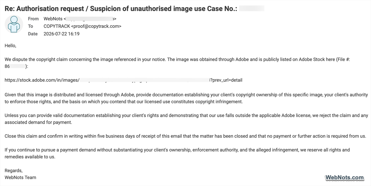 First Reply to Copytrack
