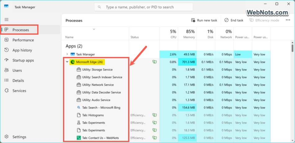 Windows Task Manager Shows Edge Processes