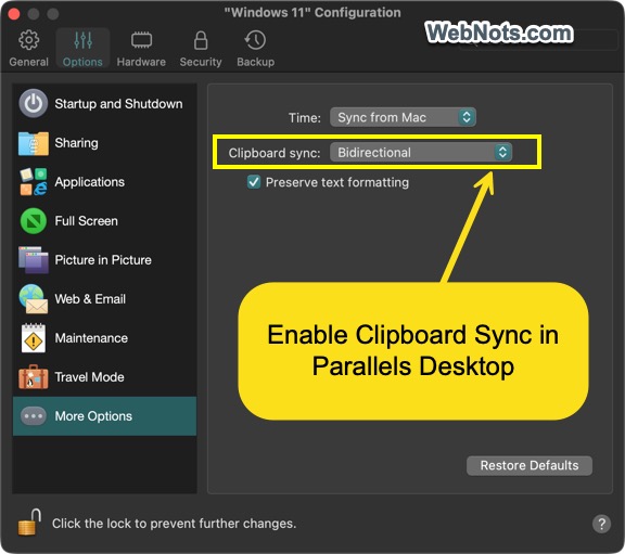 Enable Clipboard Sync in Parallels Desktop
