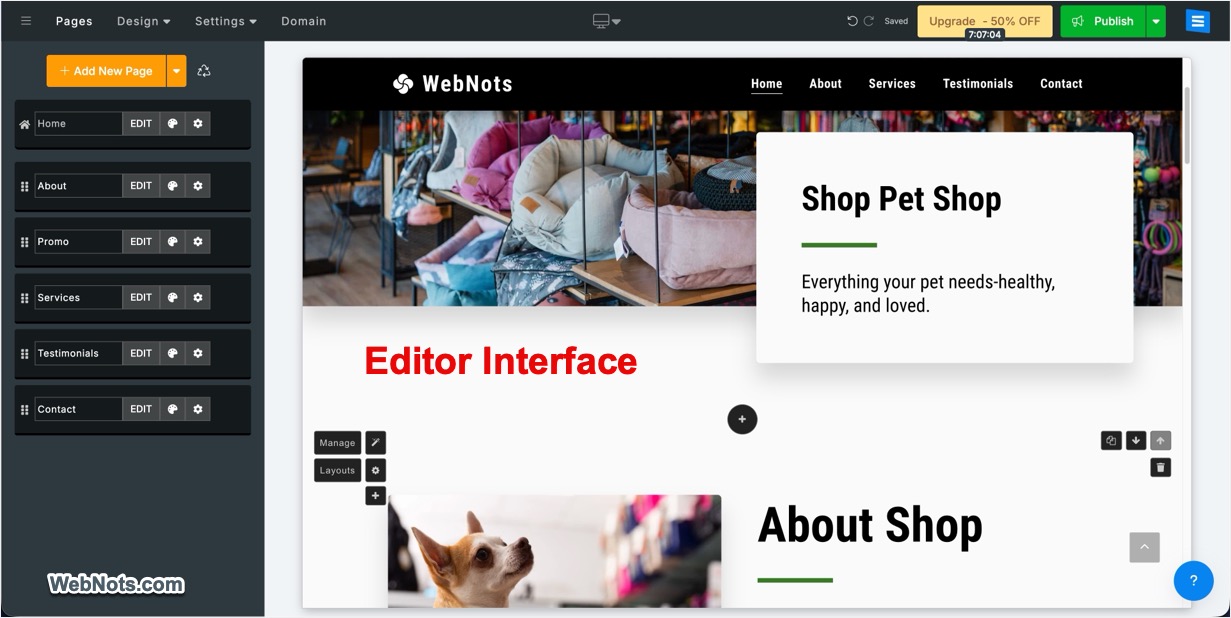 SITE123 Editor Interface with Automatically Create Site
