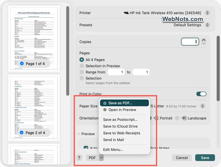 Save as PDF in Mac
