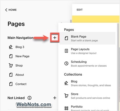 Add Page in Squarespace