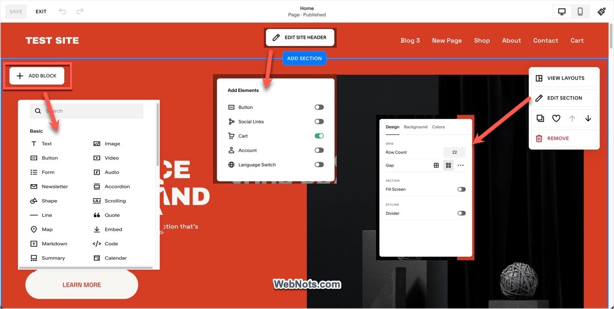 Edit Header, Add Blocks and Edit Section