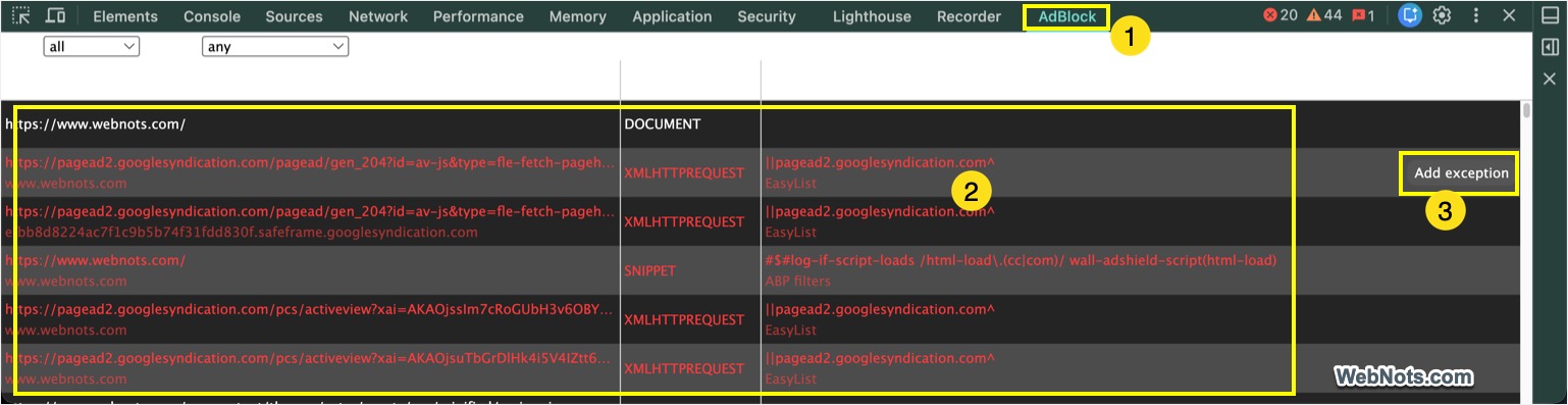 AdBlock Tab in Developer Tools