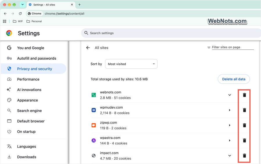 Delete Stored Cookies in Chrome